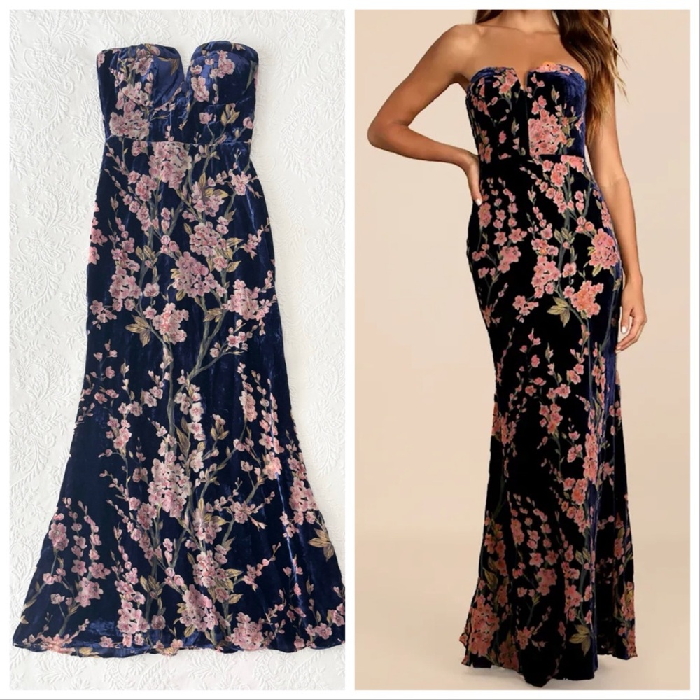 NWT Lulus Bloom In Mind Blue Floral Velvet Strapless Maxi Dress Small